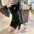 Load image into Gallery viewer, Mini Chinese Dress Velvet Chinese Clothes Long Sleeve S M L XL Black Black Cute Switching Easy to Match
