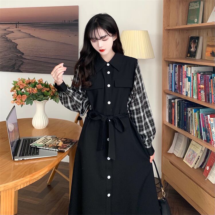 [Dong Xiaojie Series] ★Long sleeve dress★ Large size ladies dress Plaid pattern Commuting Black Black