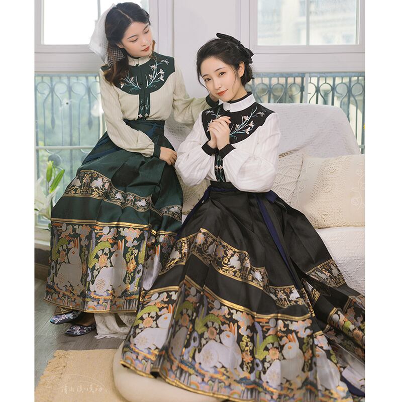 [Shimizu Kei Series] ★Long Skirt★ Limited Quantity Chinese Clothing Pleated Skirt Hanfu Wrap Skirt Rabbit Yoshigumo Black Green Blue