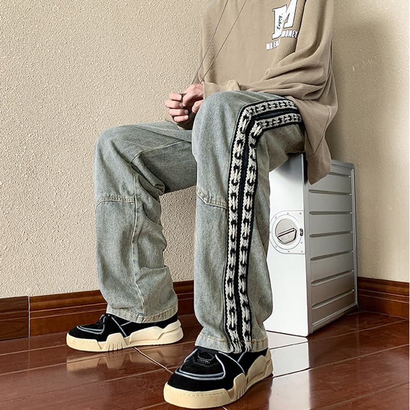 [High Series]★Casual Pants★ 2color Trousers Bottoms Denim Pants Vertical Stripes Plaid Pattern Blue Black