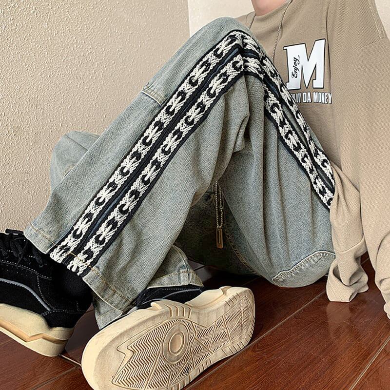 [High Series]★Casual Pants★ 2color Trousers Bottoms Denim Pants Vertical Stripes Plaid Pattern Blue Black