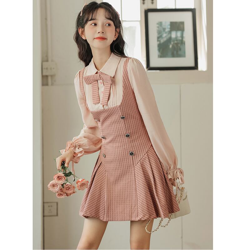 [MEIYI Series] ★One Piece★ Women's Short Length Faux Layered Ribbon Commuting Date Cute