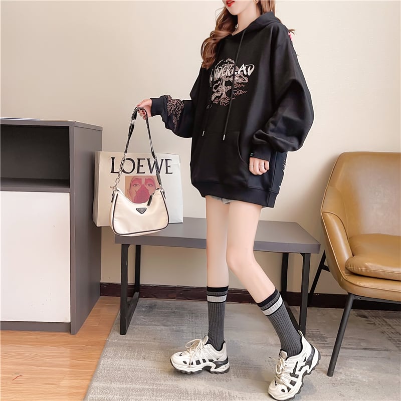 [YIDIEQIAN series]★China style hoodie★ Tops 2color black white print casual