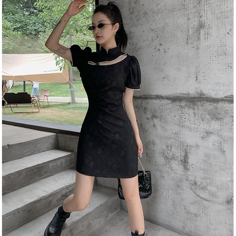 [Hmaimai Series] ★China style dress★ Sexy short sleeve short length cheongsam dress slimming black