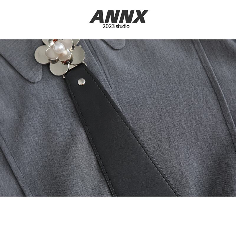 【ANNXstudio系列】★襯衫配領帶★襯衫 長袖襯衫 上衣 休閒 寬鬆 灰色 灰色