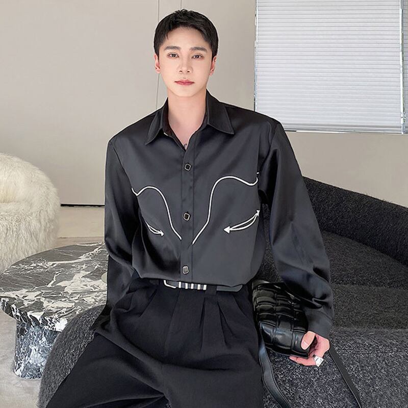 [Illustrated Series]★Shirt★ Tops Unisex Men's Long Sleeve Shirt Satin Black Black ML XL Unique