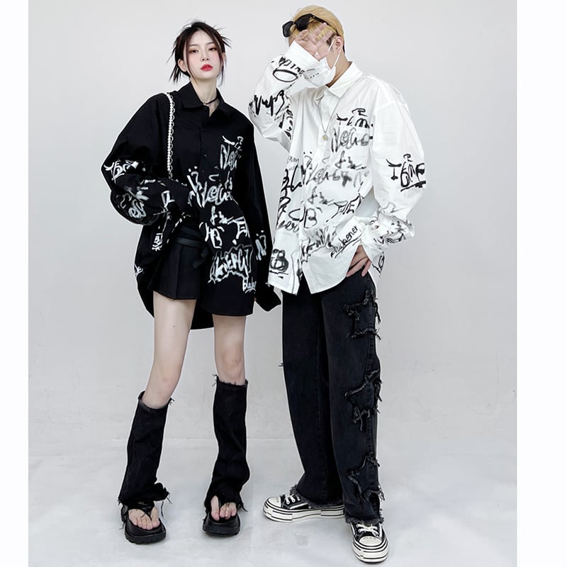 [ZHUJI Series]★Shirt★ 2color Tops Graffiti Unisex Men's Loose Stylish White Black