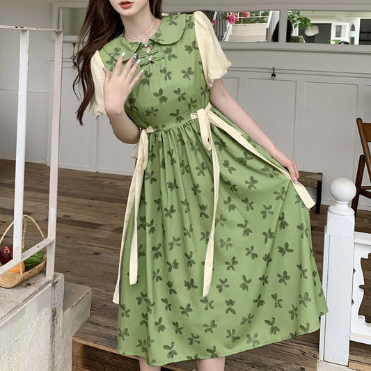 [Dong Xiaojie Series]★China style dress★Floral pattern dress Switchable Cute Large size Green Green