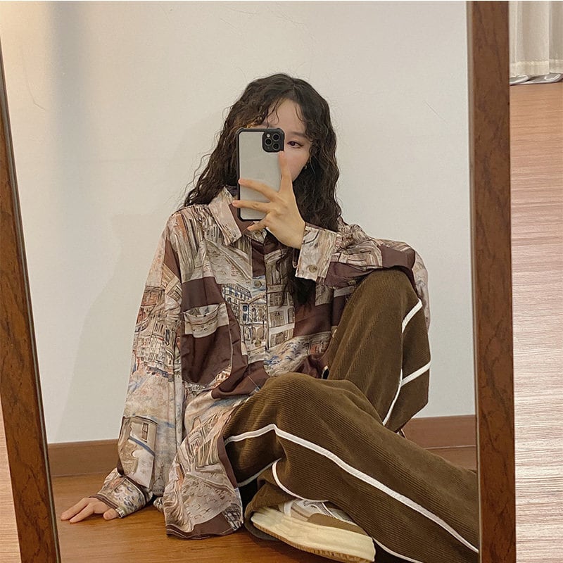 [YOUZI Series]★Shirt★ Tops Oil Painting Style Thin Spring/Summer Loose Retro Print Long Sleeve Shirt S M L XL 2XL