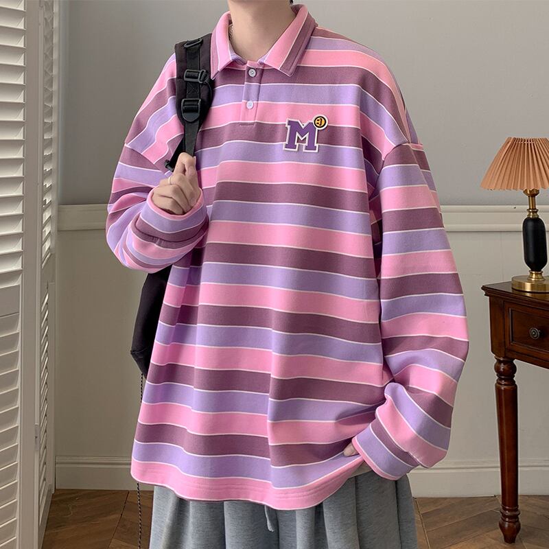 [BIGEMAN Series]★POLO Neck★ 2color Tops Vertical Stripes Striped Pattern Unisex Men's Large Size