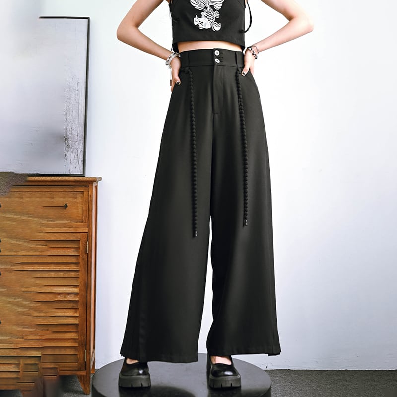 [Ancient monster---Long wind series]★China style pants★Bottoms Gaucho pants with belt Black Black