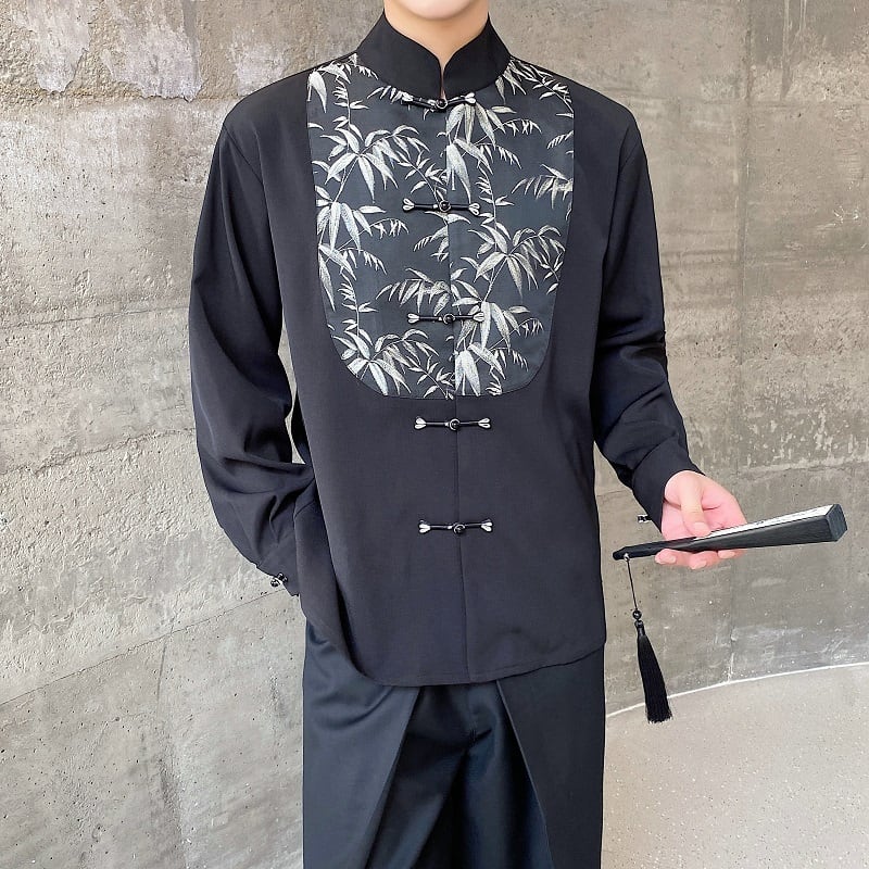 [Illustrated Series]★China Style Shirt★ Tops Unisex Men's Black Bamboo Pattern Switching Chinese Clothes