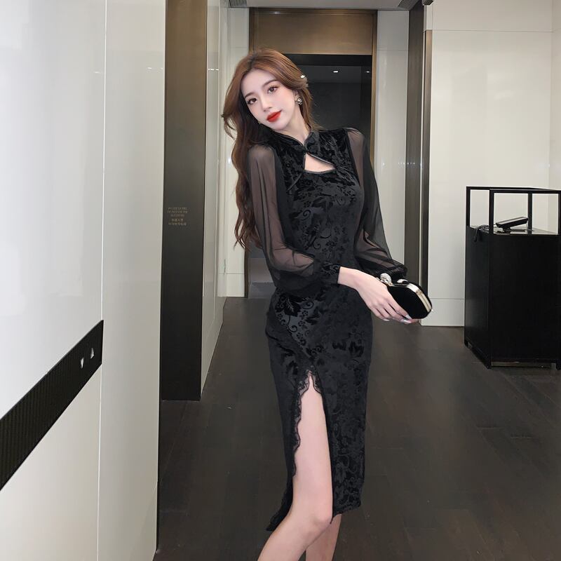 [Hundred Minute Eight Series] ★Cheongsam Dress★ Velvet Switching Floral Pattern Slimming Sexy Black Black SML XL