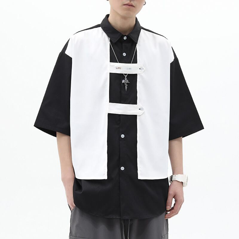 [51XIHA Series]★T-shirt★ Tops 2color Unisex Men's Short Sleeve Faux Layered Fashion Black Black