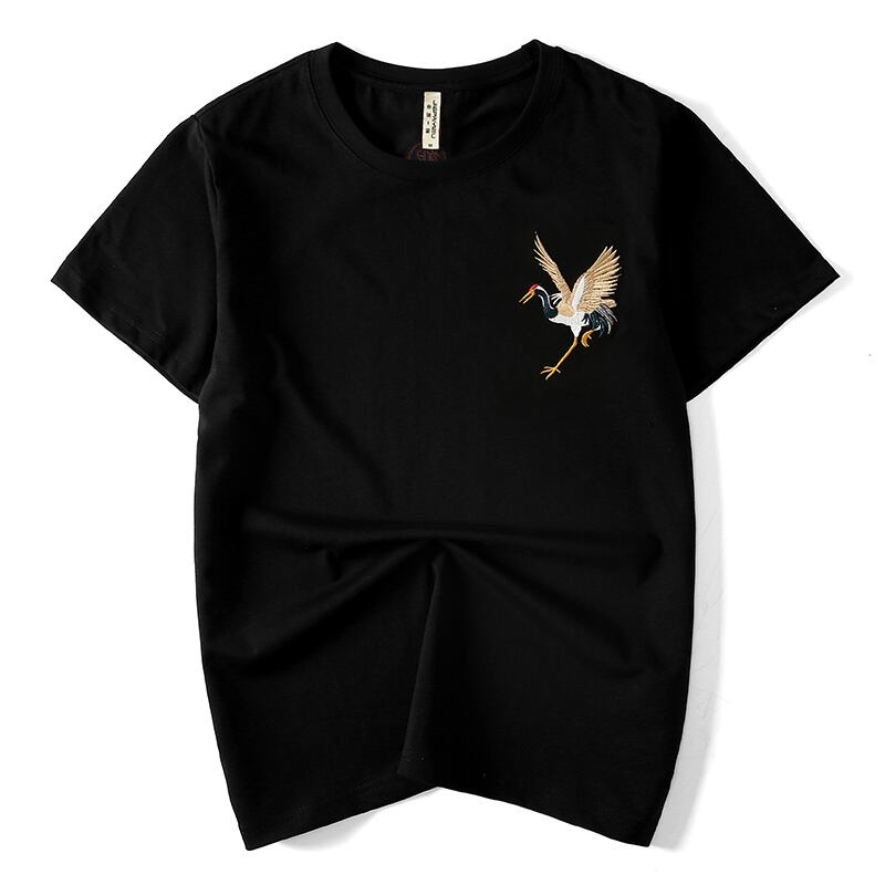 [JPYZ Series]★China style T-shirt★ 2color tops unisex men's crane embroidery black white cotton