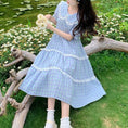 Load image into Gallery viewer, [Dong Xiaojie Series] ★Checked pattern dress★ Large size, commuting to school, commuting, slimming, cute, blue, summer clothes, short sleeves
