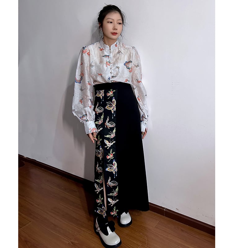 [True fish series] ★China style skirt★ Bottoms slit print butterfly switching unique black black