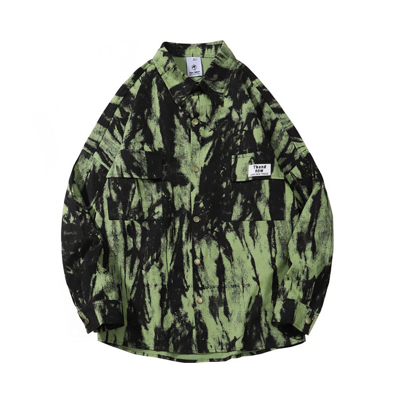 [GXFortune Series] ★Retro Shirt★ 2color Print Long Sleeve Shirt Tops Loose Casual Black Gray Green