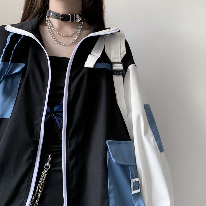 [Momoko Sakura Series] ★Jacket★ Outerwear cute color scheme original white blue black easy to match ladies