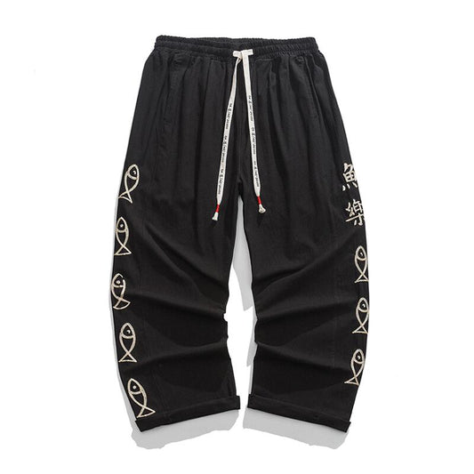 [TAOHUAYUAN Series]★China style trousers★ 3color bottoms trousers casual pants unisex men's large size fish nine-quarter length