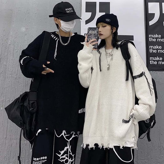 [OUMEIDK Series] ★Sweater★ 2color Tops Couple Unisex Loose Autumn/Winter Couple Clothes Unique Knit Black White