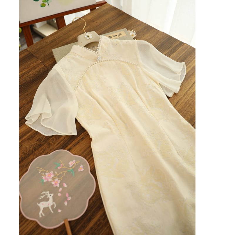 [Daughter fish series] ★China dress★ One piece dress lace chiffon switching beige cute