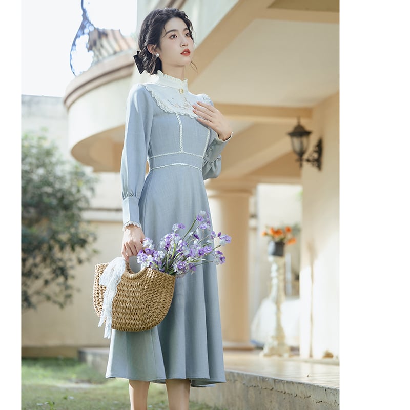 [Tatsuze Chenis Series] ★Chinese style dress★ Hanfu dress, Chinese elements, retro, switching, fake layered, blue, blue