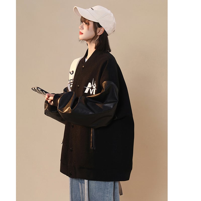 [FKZ Series] ★Jacket★ Stadium jacket unisex men's color scheme black black spring clothes cool ML XL 2XL 3XL