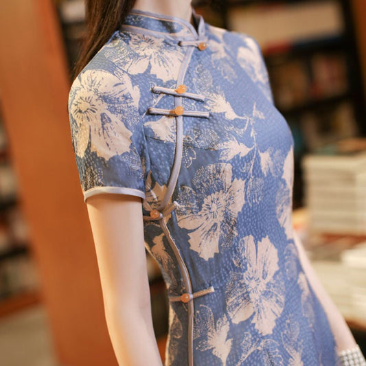 [YIJIA Series]★Cheongsam dress★ Long length one piece floral pattern blue party wedding large size