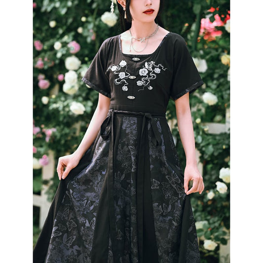 [Ancient monster --- Butterfly series] ★Chinese style dress★ Chinese element dress, short sleeve, original black, black embroidery