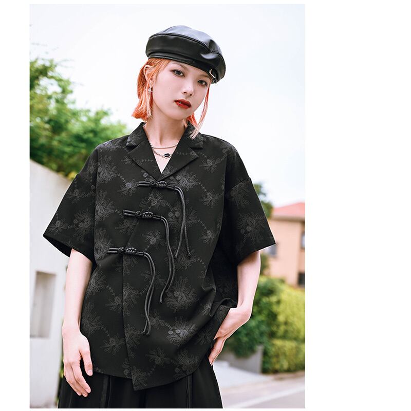 [Ancient monsters --- Ink series] ★China style shirt★ Tops Short sleeve shirt Black Black China button