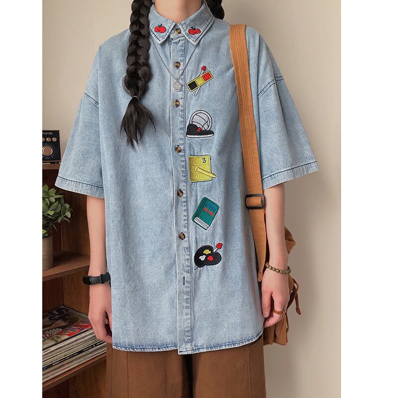 [KKTLL Series]★Shirt★ Embroidered shirt, short sleeve shirt, tops, unisex, men's ML XL denim shirt, cartoon