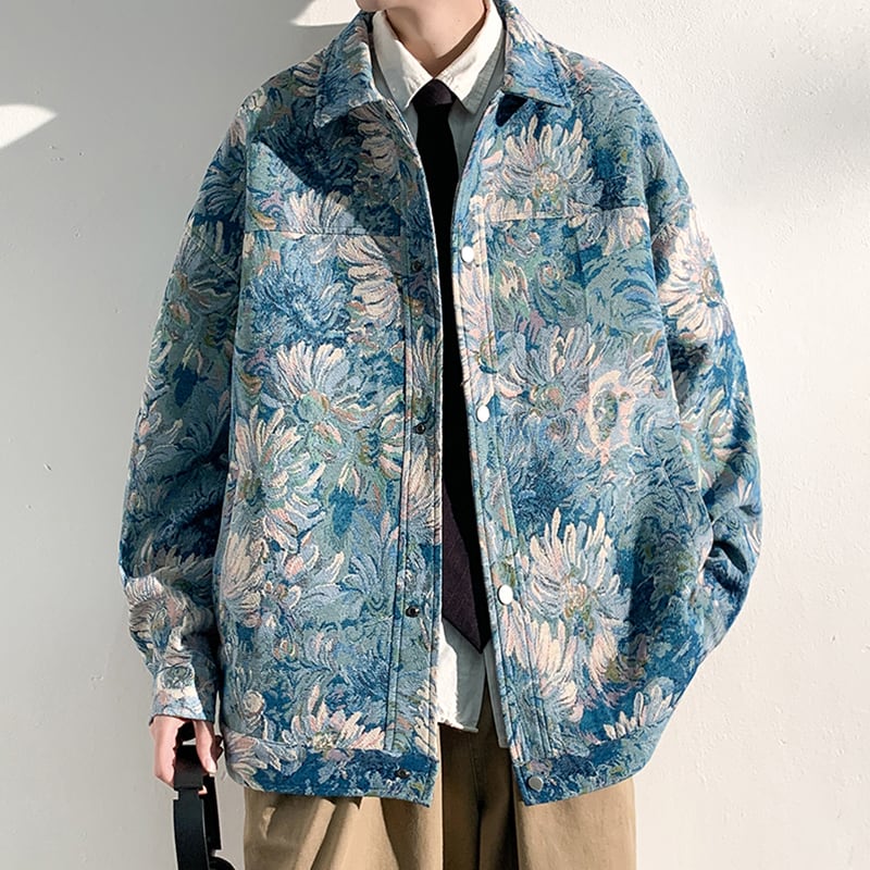 [KADISHOU Series] ★Jacket★ Outerwear 2color Oil Painting Style Floral Pattern Unisex Men's Large Size Blue Green