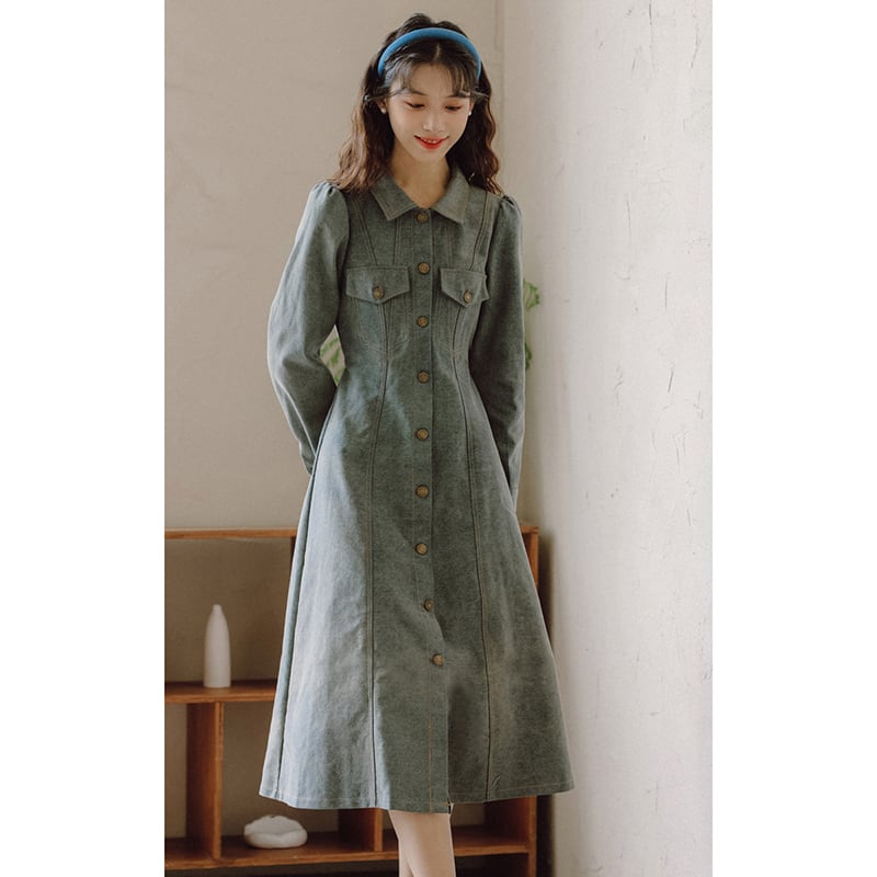 [YUJIAN Series] ★Dress★ Denim dress Retro Easy to match Date Improves temperament Commuting Blue Blue