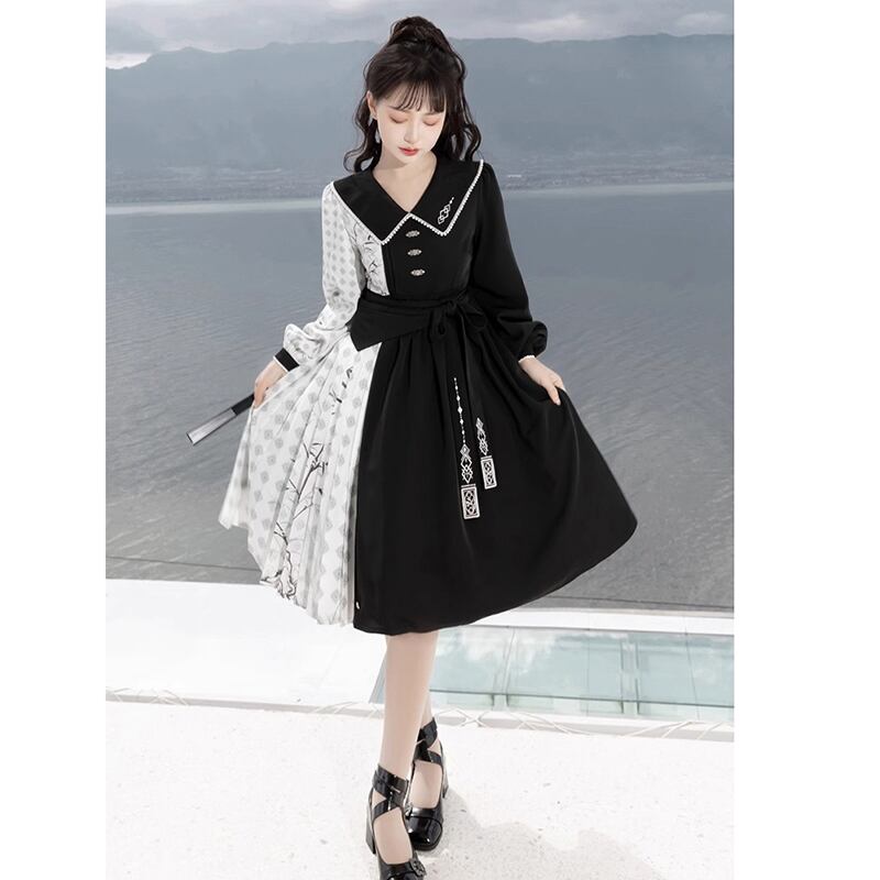 [Dust Smoke Cloud Dream---Boku Bamboo Series] ★Chinese style dress★ Long sleeve switching bamboo Chinese clothing Black Black SML Original Cute