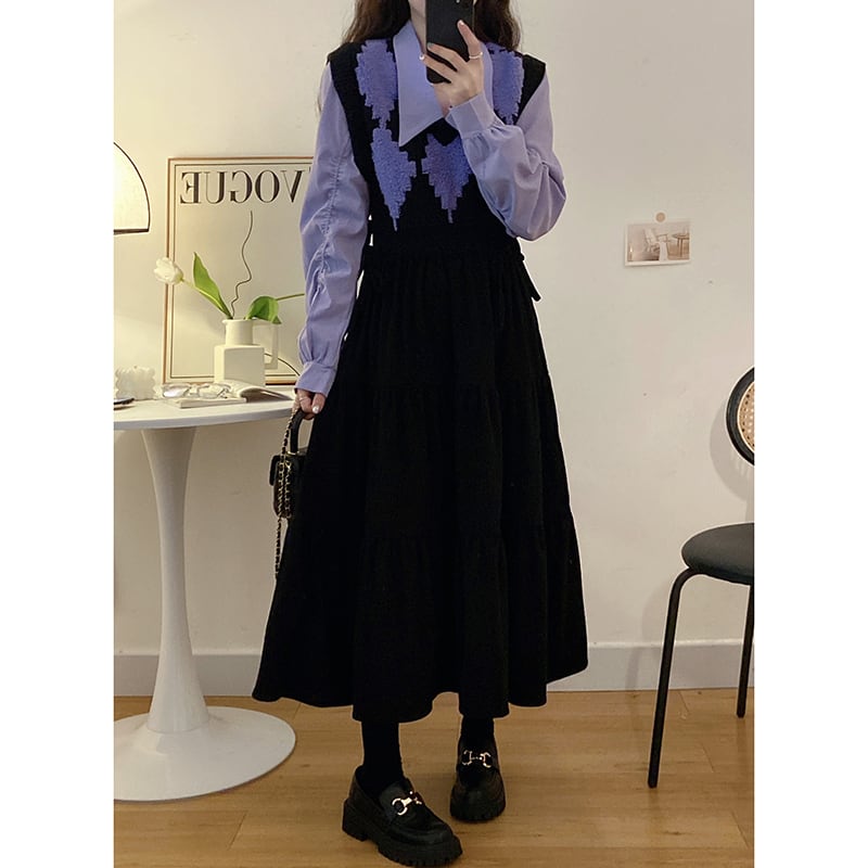 [JIGUJIGU Series] ★One Piece★ Switching Ladies Temperament Enhancement Fake Layered Fashion Black Purple