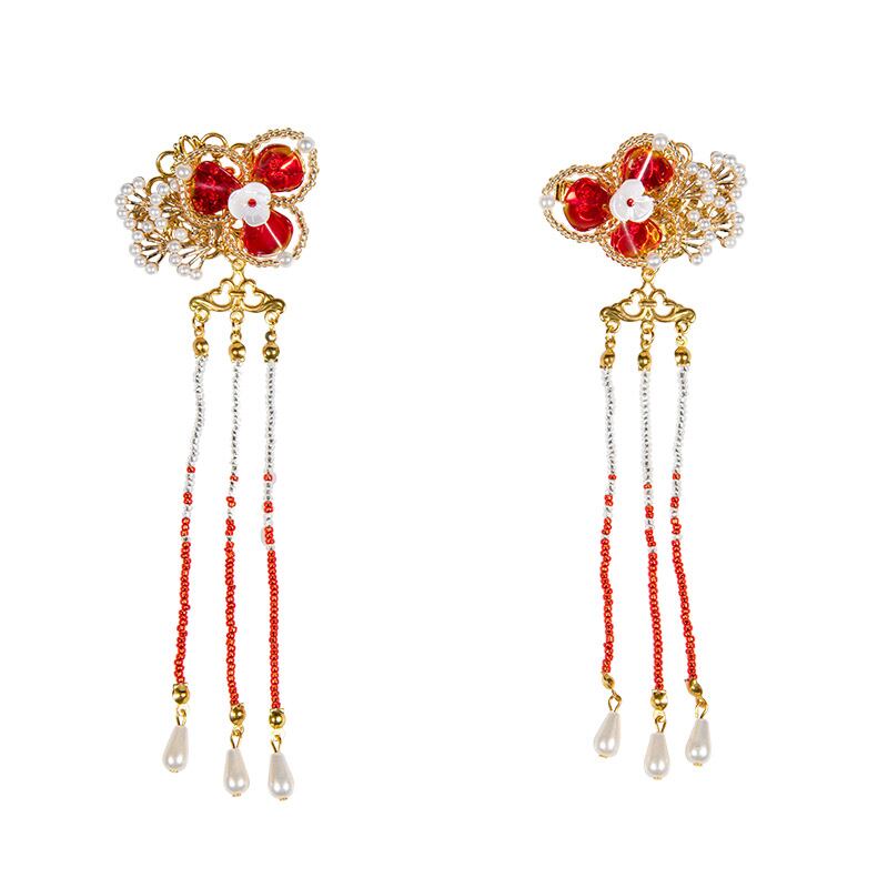 [Ome Anka Series]★China Hair Ornament★Hairpin Pair Coming of Age Ceremony Chinese Clothing Fringe Accessory Handmade Ornament Red Flower