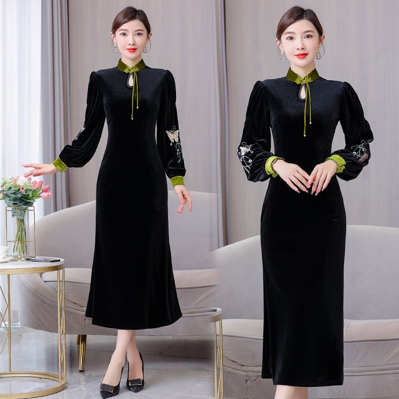 [Agoya Yui Series] ★Cheongsam dress★ Chinese style piece velvet black black long length