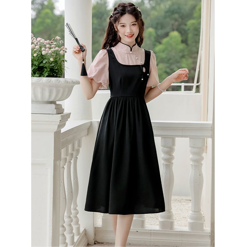 [White Moonlight Series] ★China style dress★ 2color improved cheongsam dress summer clothes fake layered black green