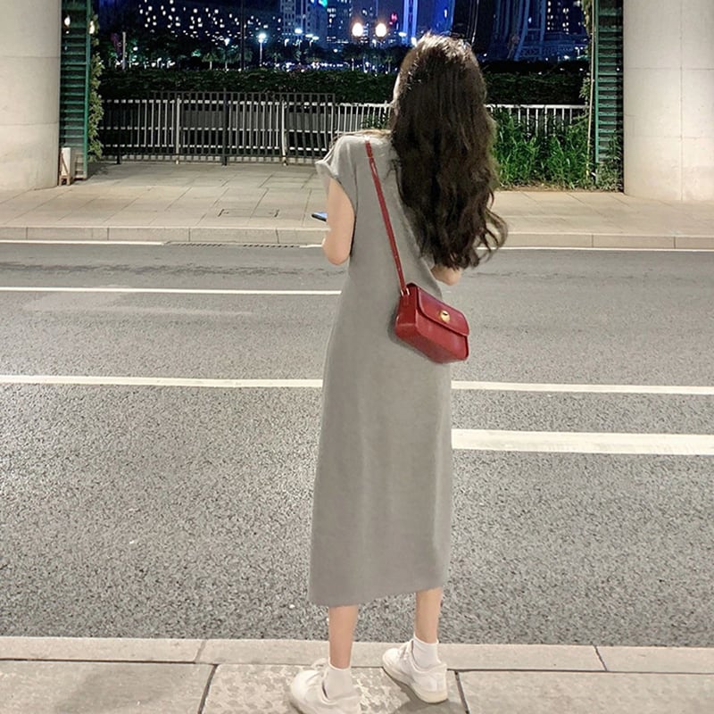 [SHIBAYUE Series] ★One Piece ★ Short Sleeve Women's Fashion Cute Slit Improves Temperament Gray Gray