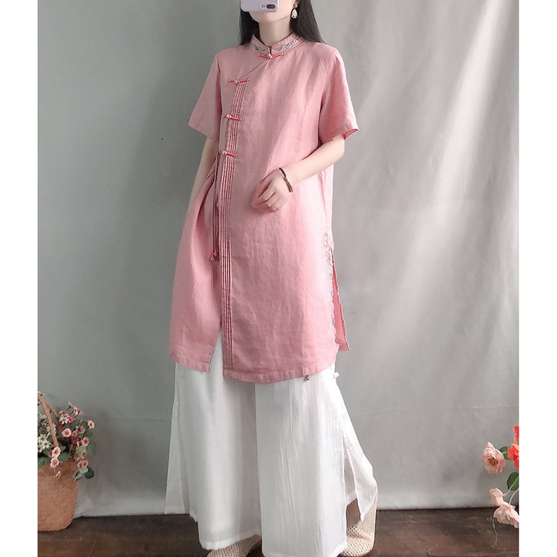 [Kofuku Series]★China style shirt★ 4color long shirt ethnic style blue white pink yellow