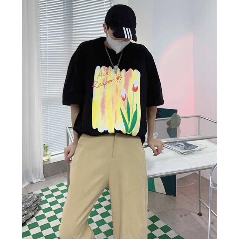 【PVシリーズ】★Tシャツ★ 3color トップス 油絵風 彩 夏服 半袖Tシャツ ホワイト ブラック パープル