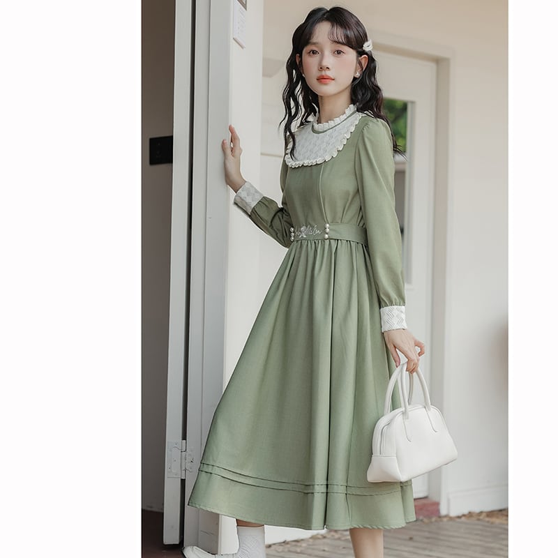 [Ali Series]★Chinese style dress★ Embroidery long sleeve dress Women's Switchable Easy to match Cute Green