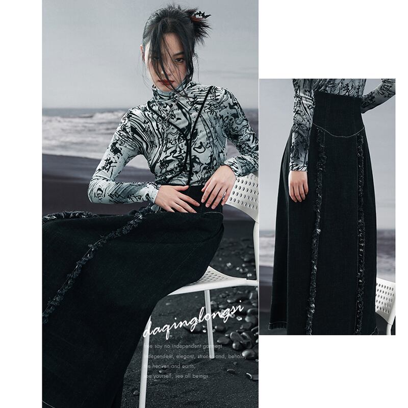 [Da Qinglong Shu Series] ★China style skirt★ Denim skirt bottoms slimming fashion long skirt