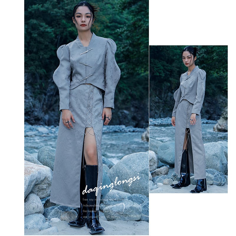 [Big Blue Dragon Series] ★China style outerwear★ Mini length with design Original Gray Gray Improves temperament