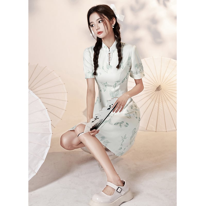 [YUEQIAO series]★Cheongsam dress★ 2color short length Chinese style dress Beige Green