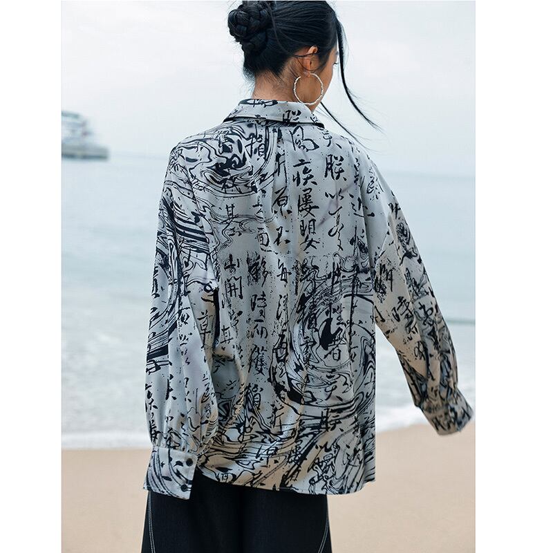 [Big Blue Dragon Series] ★China style shirt★ Tops Satin original letter pattern Easy to match long sleeve shirt