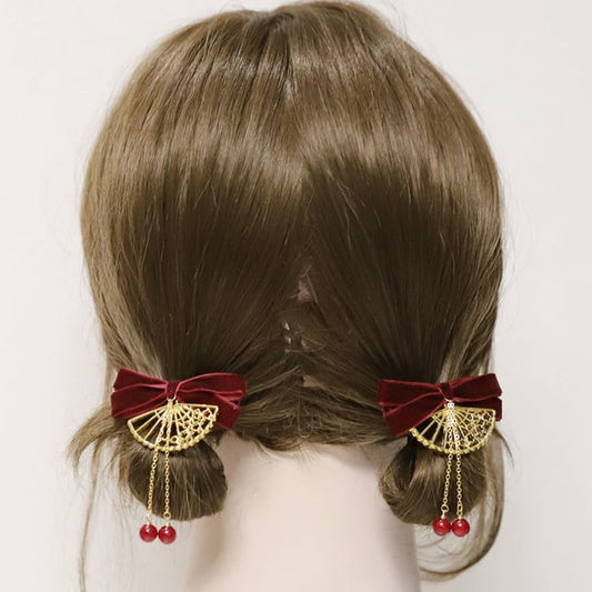 [GUKUA LI Series]★Hair Ornaments★ 2color Pair Accessories Ribbon Fan Velvet Red Black Red Black