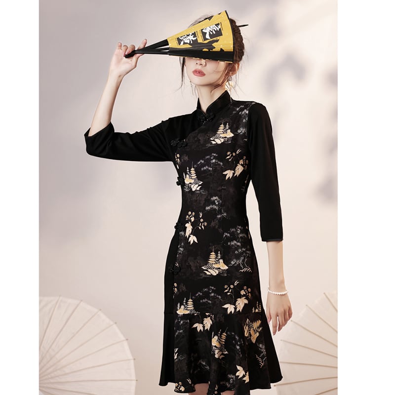 [YUEQIAO Series]★Cheongsam dress★China style dress Mermaid line Temperament enhancement Long sleeve Switchable