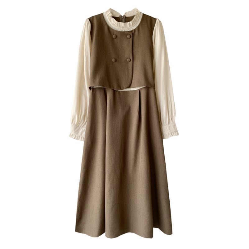 [Shokensho Series] ★One Piece★ Fake Layered Women's Cute Retro Autumn Clothes Coffee Color